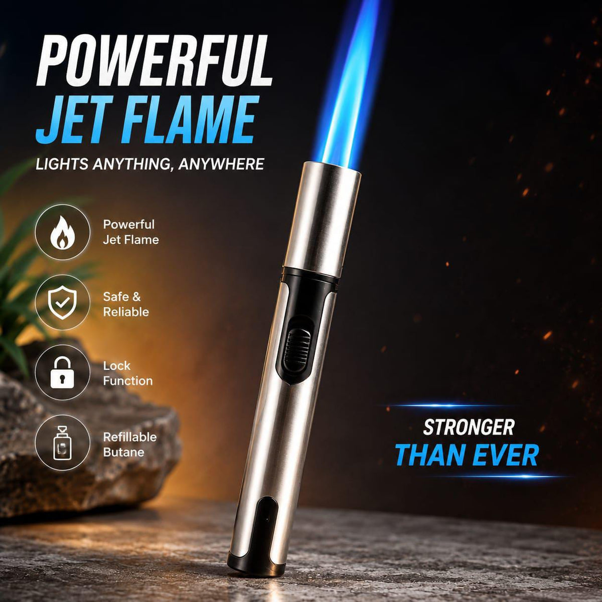 Jet Flame Lighter – Refillable Butane with Safety Lock